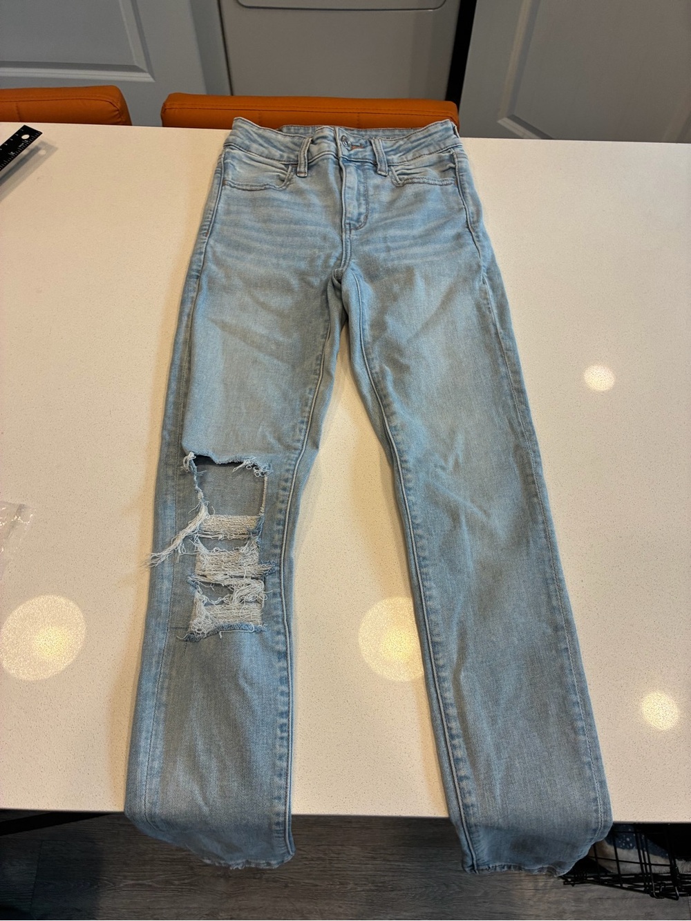 American Eagle High Rise Jegging Jeans Light Wash Distressed Stretch Size 7